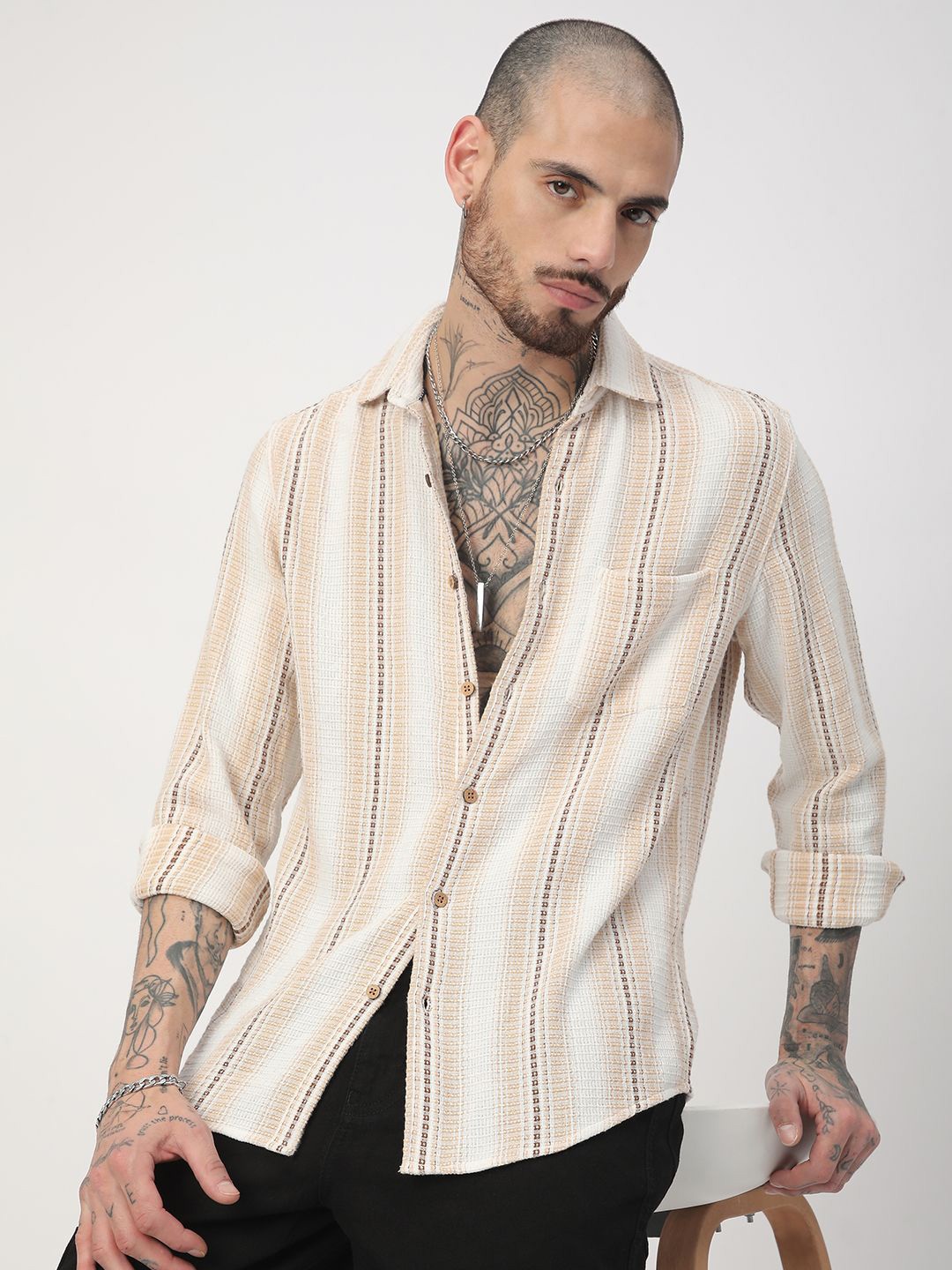 

VASTRADO Men Classic Slim Fit Multi Stripes Opaque Striped Casual Shirt, Beige