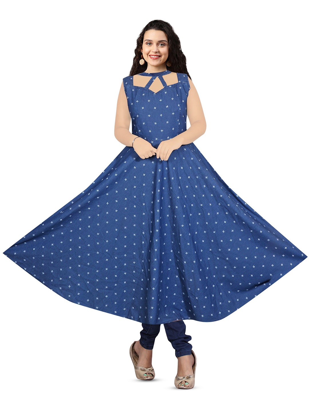 

CEFALU Print Denim Fit & Flare Maxi Dress, Blue