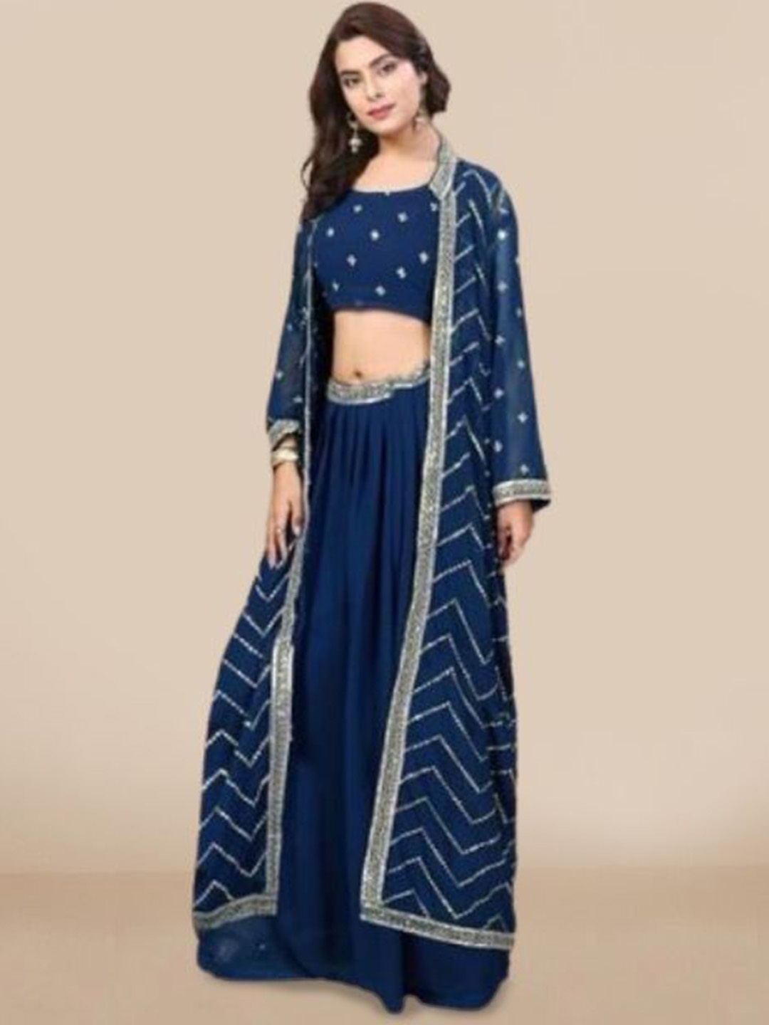 

PARROT CREATION Embroidered Top And Skirt With Shrug, Navy blue