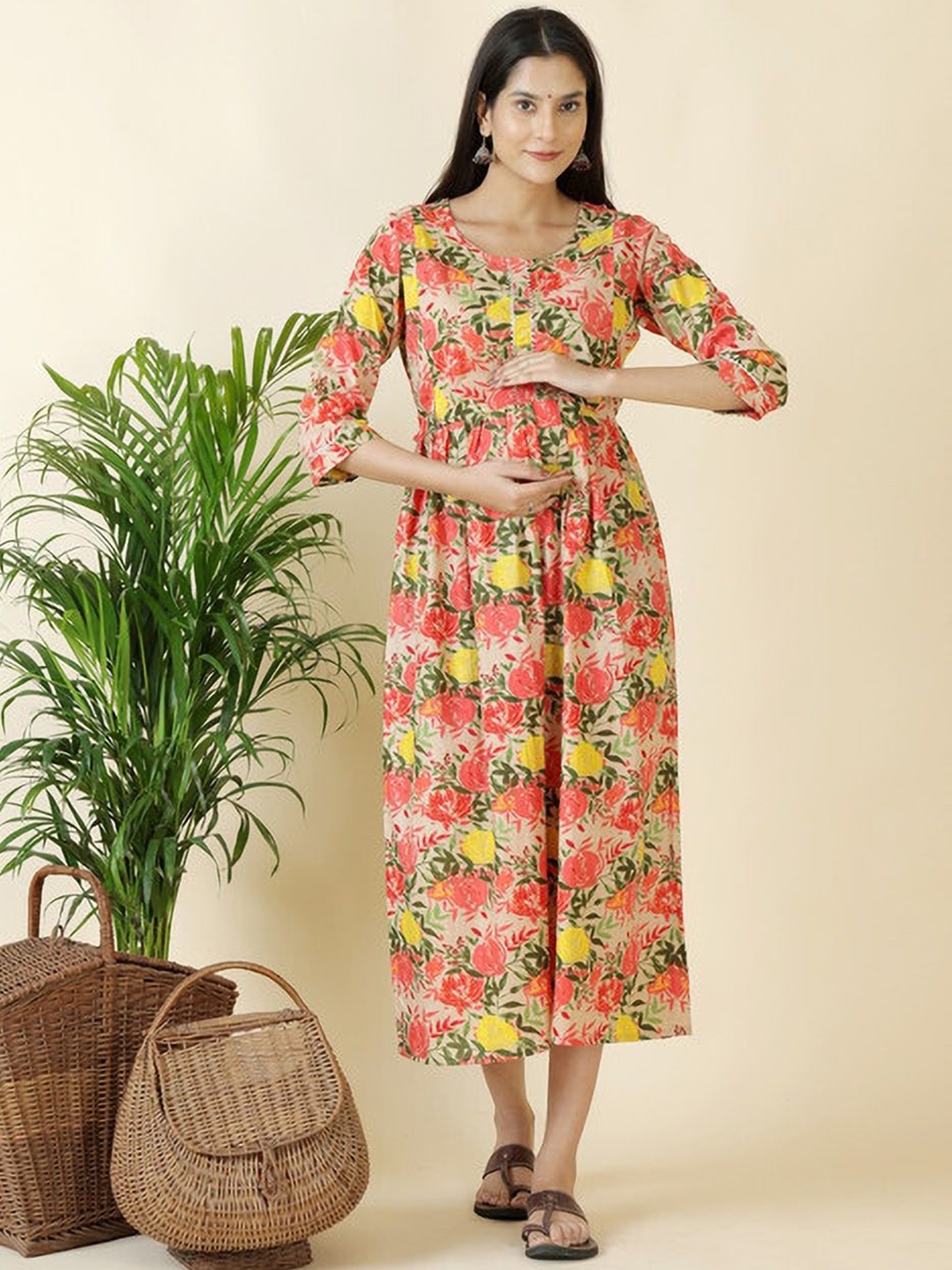

Moda Rapido Floral Printed Round Neck Fit & Flare Cotton Maternity Ethnic Dress, Red