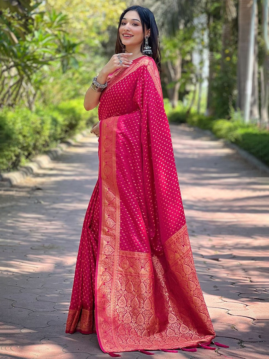 

all about you Woven Design Zari Satin Banarasi Saree, Pink
