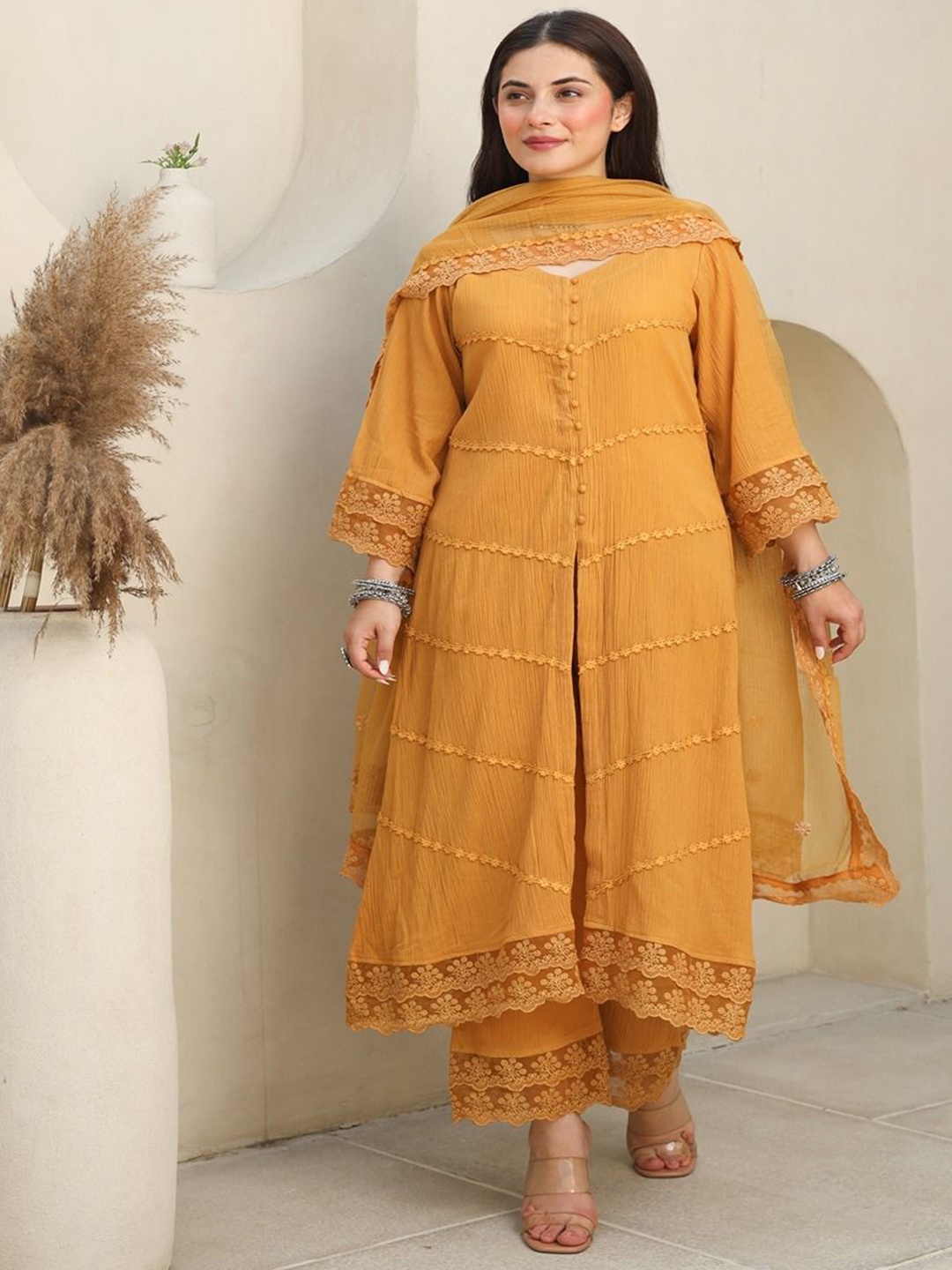

ASRUMO Women Ethnic Motifs Embroidered Regular Thread Work Kurta with Trousers & With Dupatta, Yellow