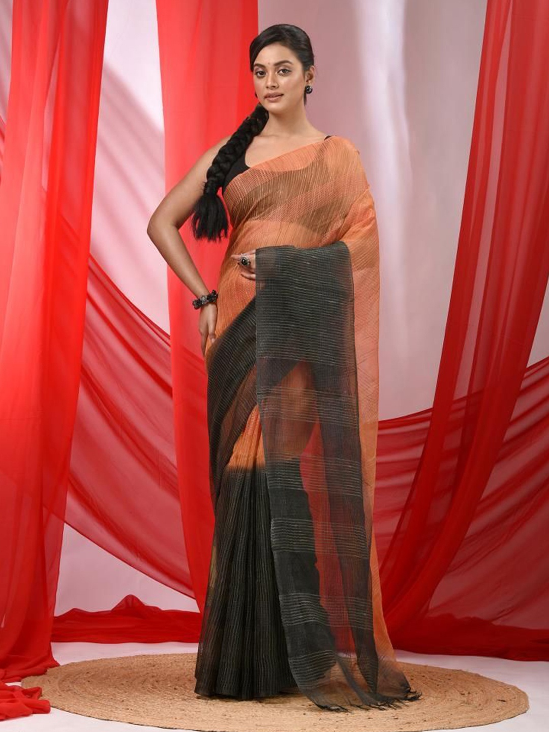 

VIBHAVARI Striped Silk Blend Saree, Orange