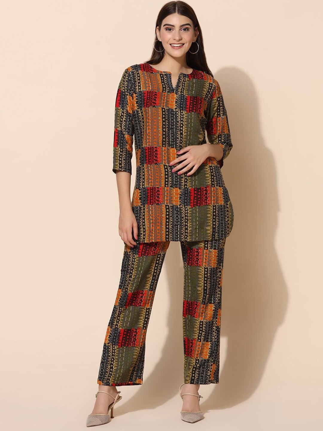 

Jade & Julie Printed Pure Cotton Round Neck Top With Palazzos Co-Ords, Black