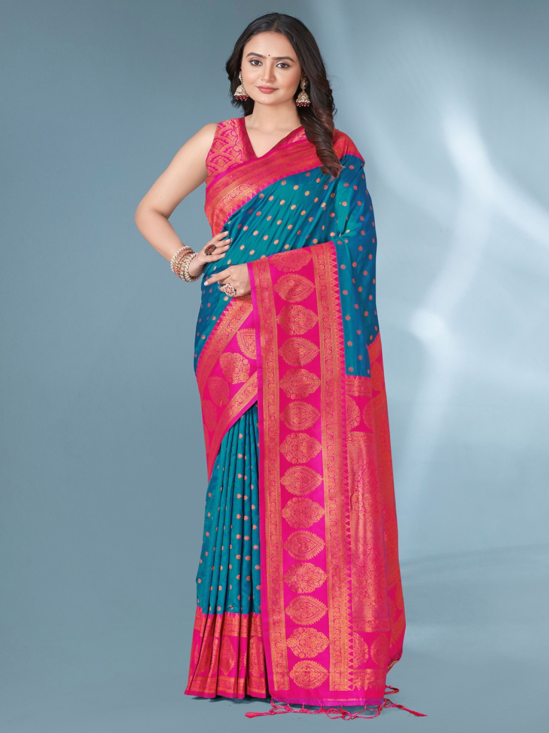 

all about you Woven Design Zari Silk Blend Paithani Saree, Blue