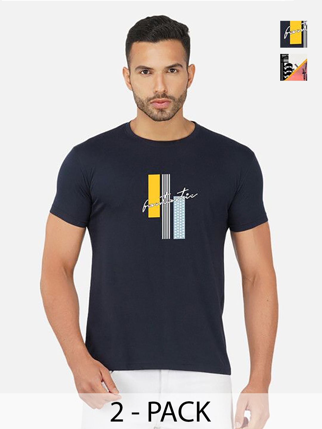 

GLOBAL NOMAD Men 2 Printed Bio Finish Applique T-shirt, Navy blue