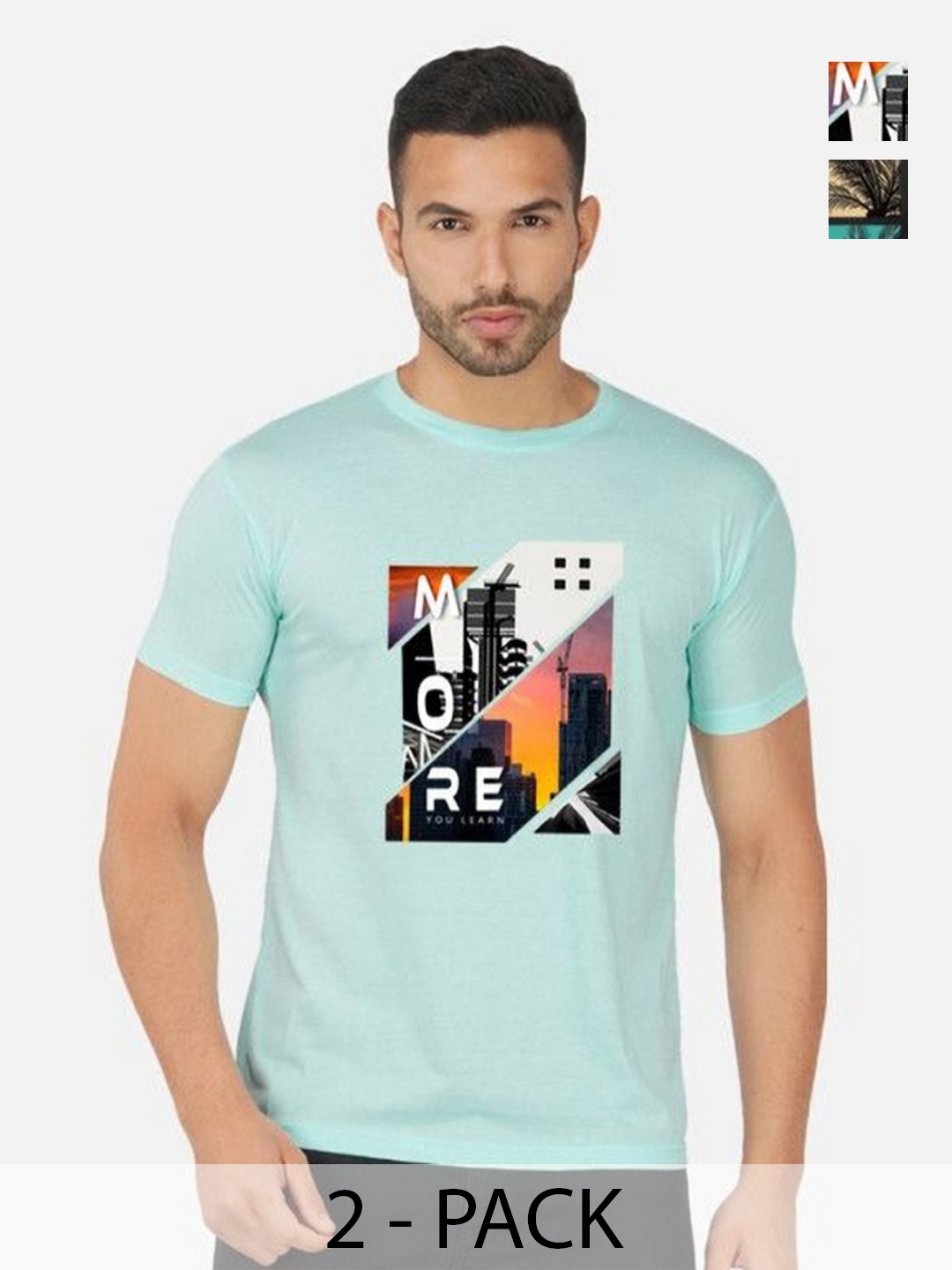 

GLOBAL NOMAD Men 2 Printed Bio Finish Applique T-shirt, Turquoise blue