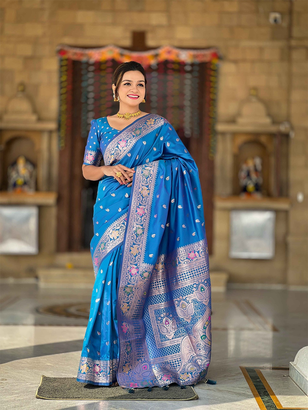 

ZIBLON Woven Design Zari Pure Silk Banarasi Saree, Blue