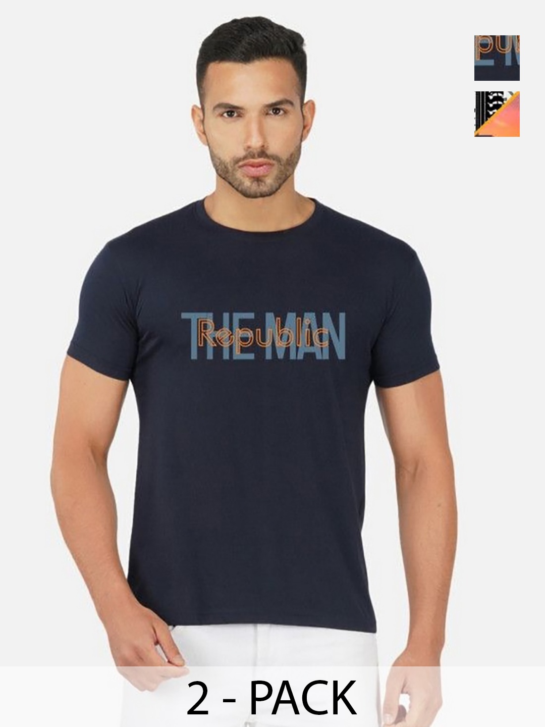 

GLOBAL NOMAD Men 2 Printed Bio Finish Applique T-shirt, Navy blue