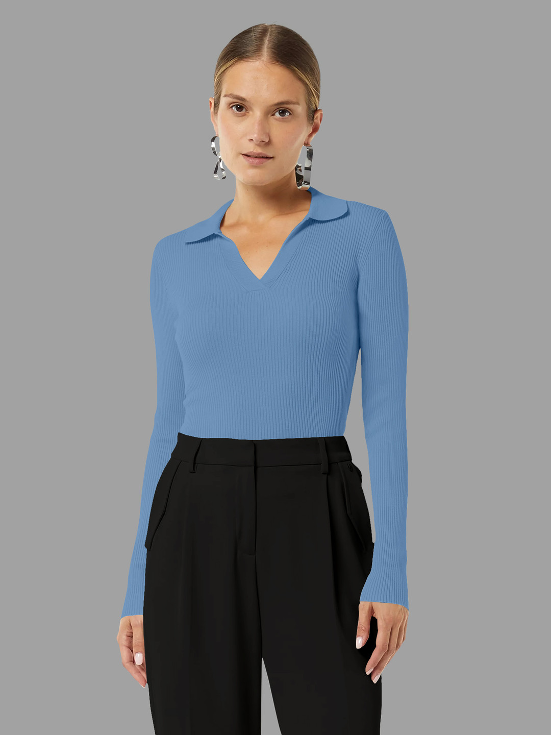

Dream Beauty Fashion Women Shirt Collar Regular Sleeves Ribed Fitted Top, Turquoise blue