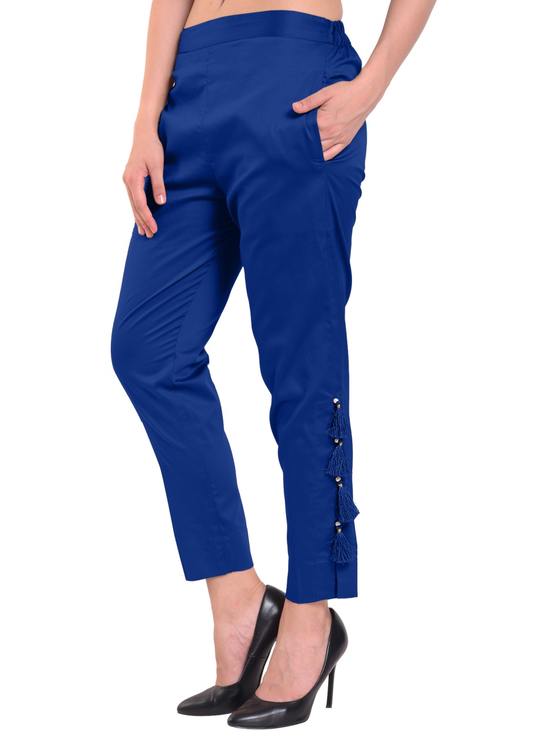

FLOREOS Women Textured Comfort Easy Wash Trousers, Blue