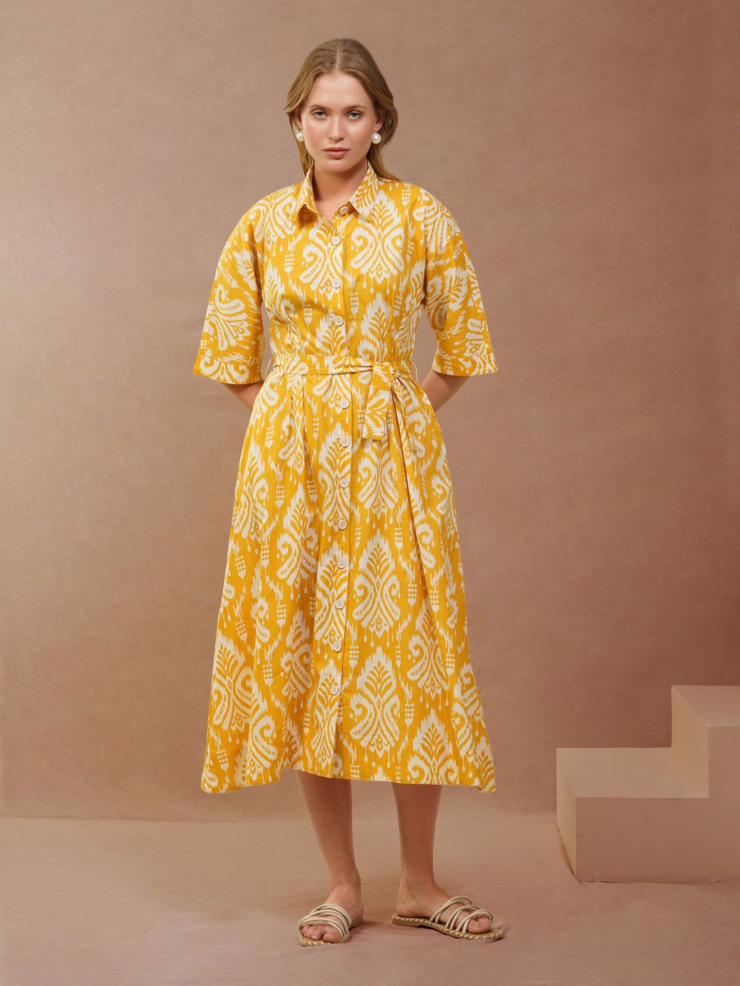 

Zenava by Myntra Ethnic Motifs Print Shirt Midi Dress, Yellow