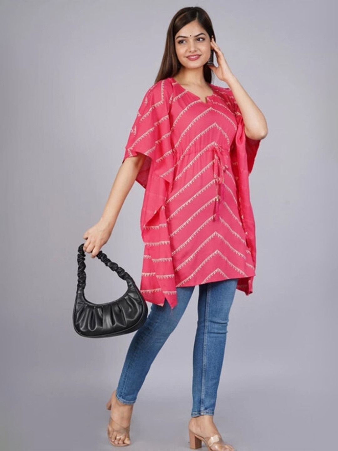 

Moda Rapido Women Leheriya Printed Flared Sleeves Kaftan Kurta, Pink