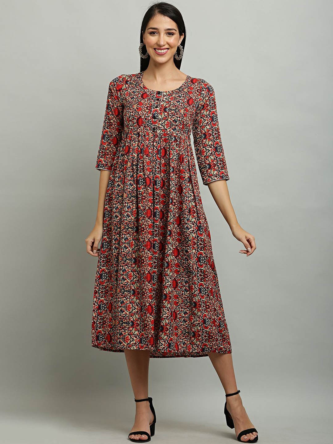 

DEGE Printed Round Neck Ethnic Dresses, Brown