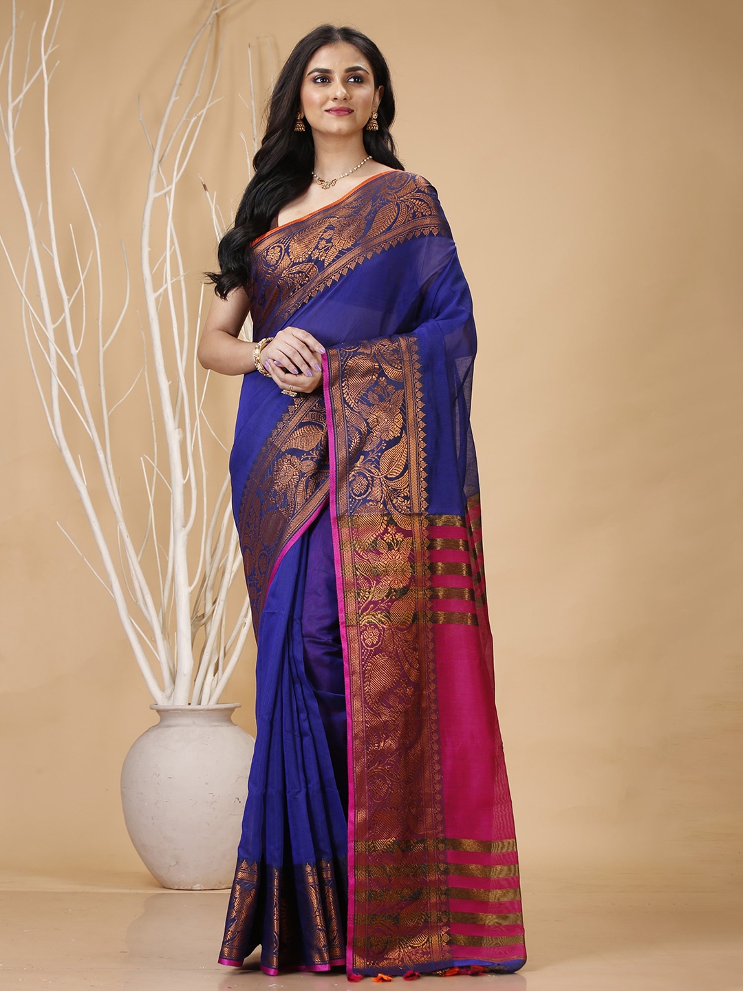 

SLAGHA Ethnic Motifs Zari Silk Cotton Taant Saree, Blue