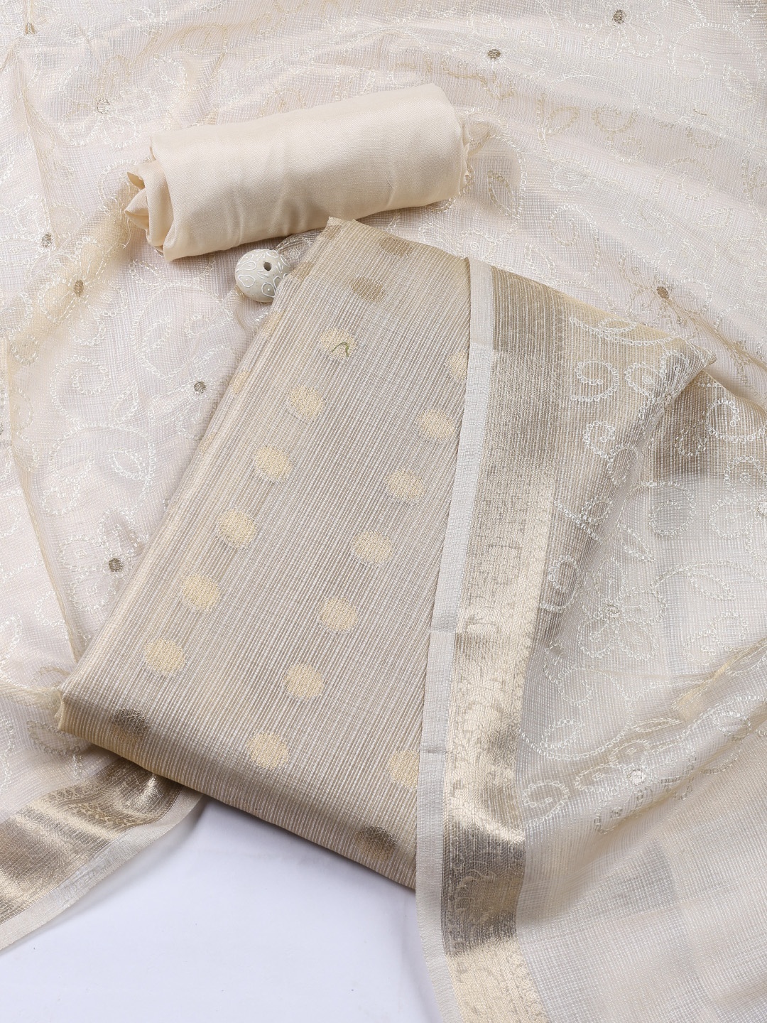 

Meena Bazaar Unstitched Dress Material, Cream