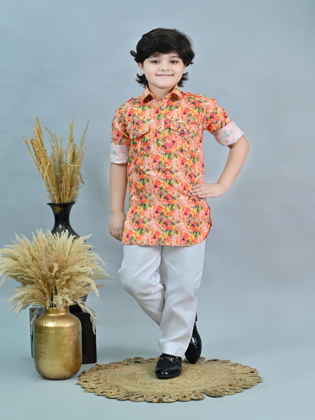 

ahhaaaa Boys Floral Printed Regular Thread Work Kurta with Pyjamas, Orange