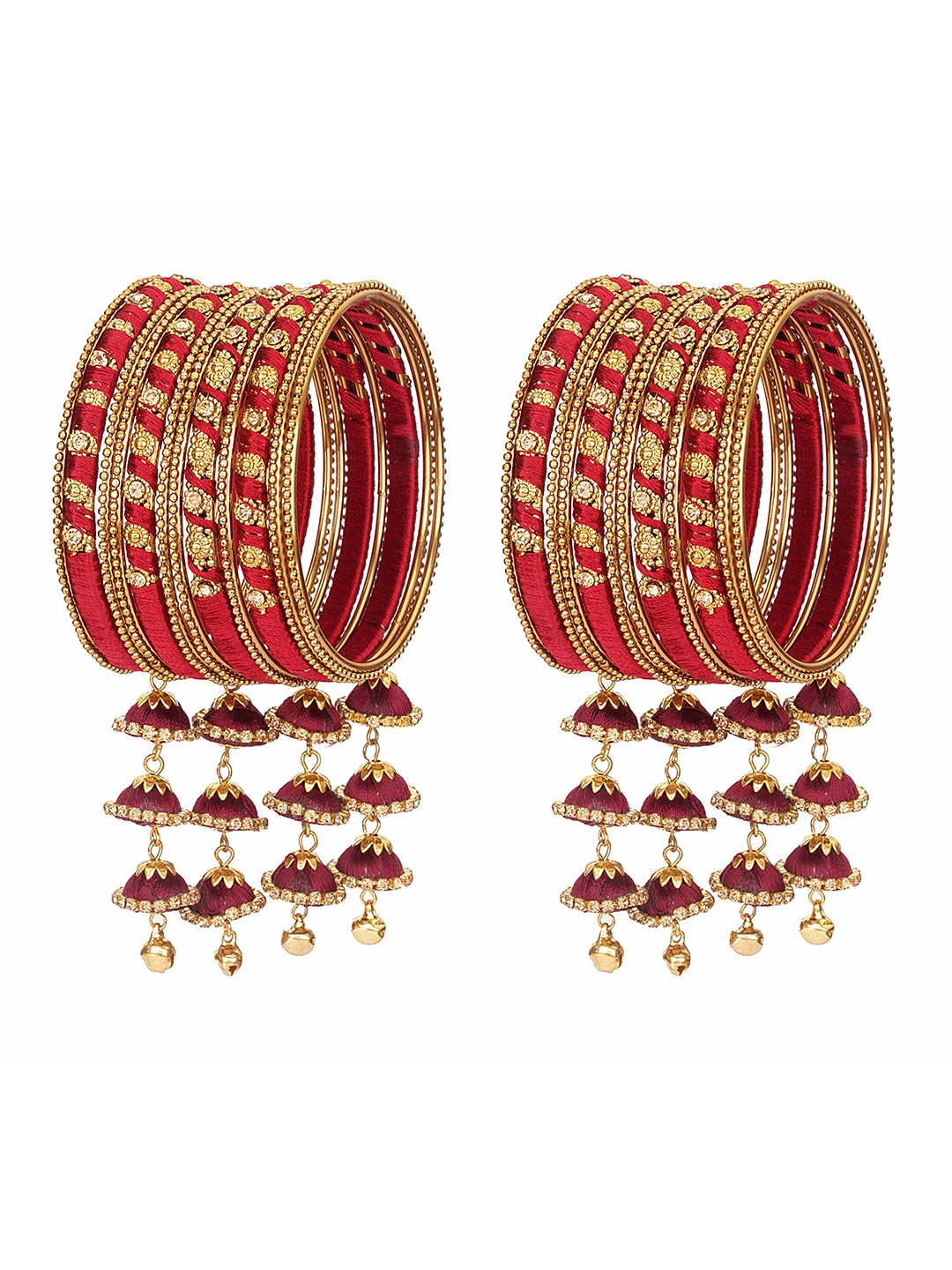 

ZULKA Set Of 24 Artificial Stones Studded and Beaded Thread Latkan Bangles, Maroon