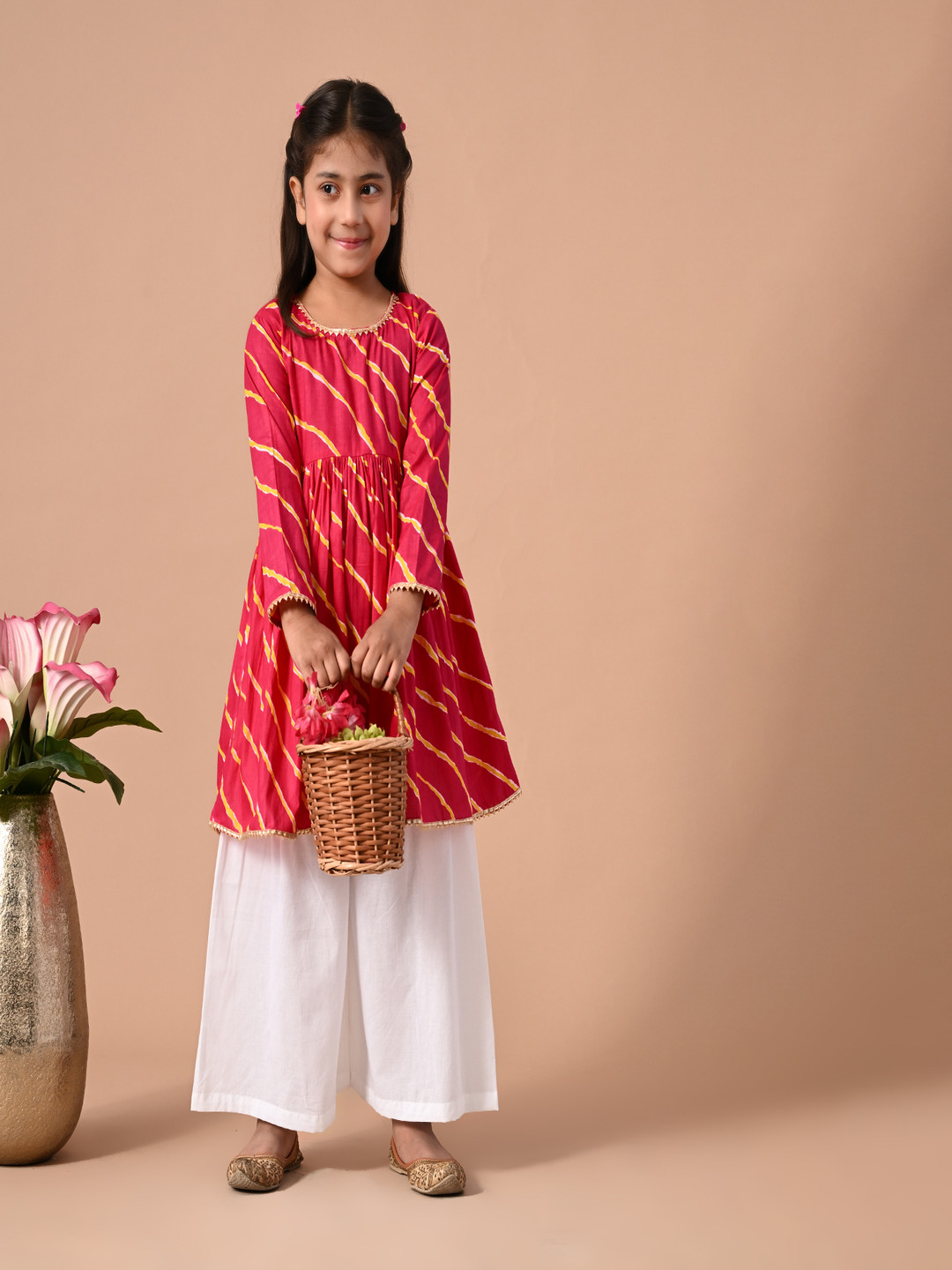 

MoMaa Girls Printed Tiered Pure Cotton Kurti with Sharara, Red