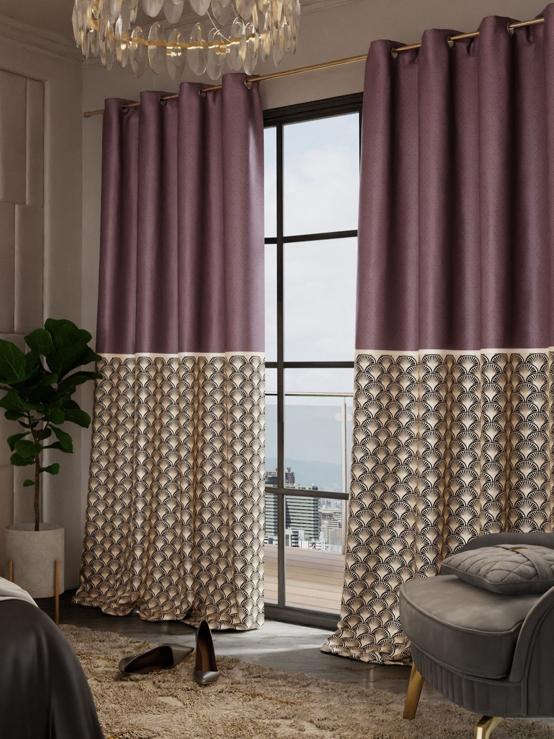

Stoa Paris Versailles Purple & Beige Set of 2 Geometric Long Door Curtains