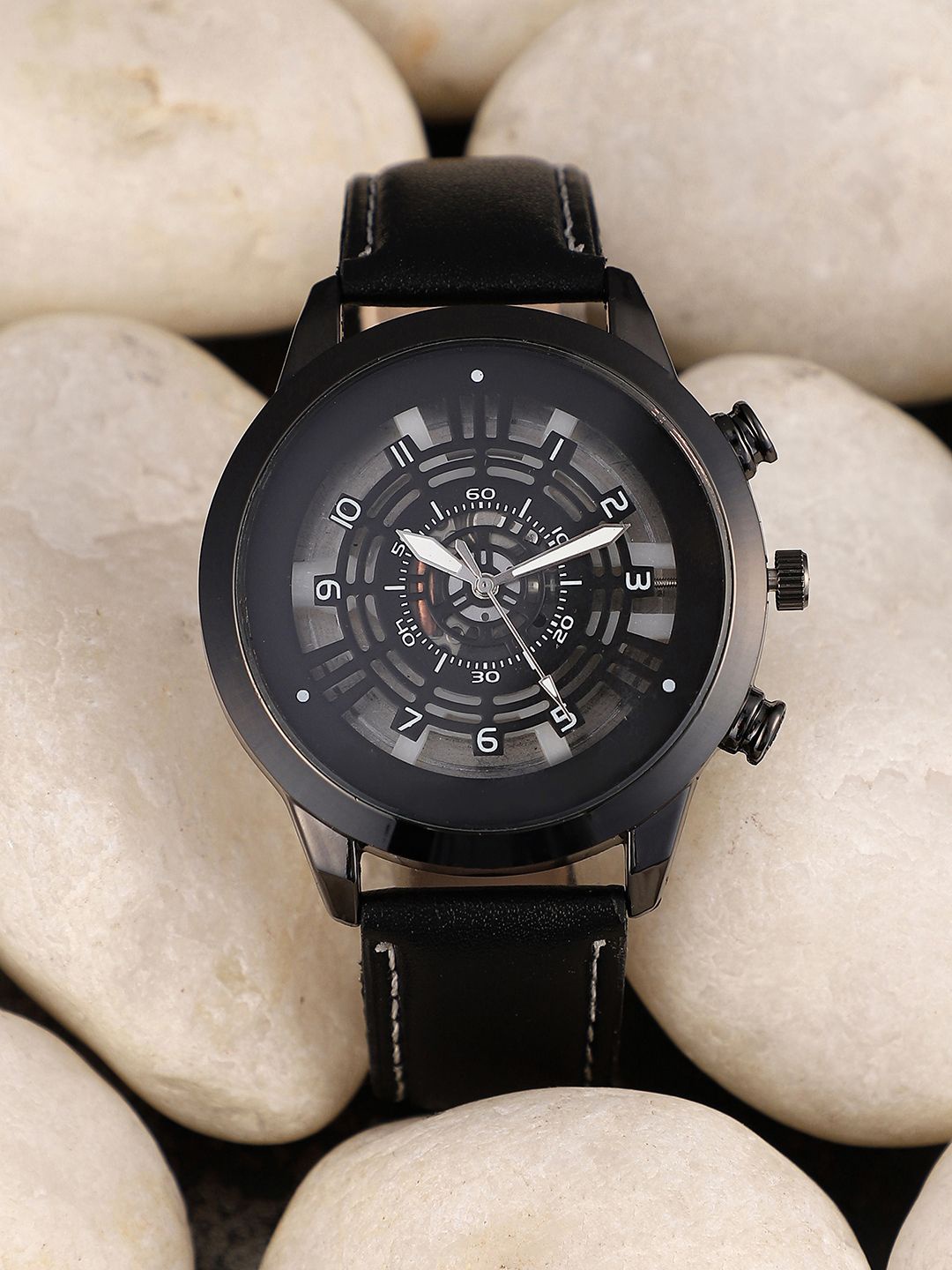 

French Accent Men Patterned Dial & Leather Straps Analogue and Digital Watch SS25_FAWC1065, Black