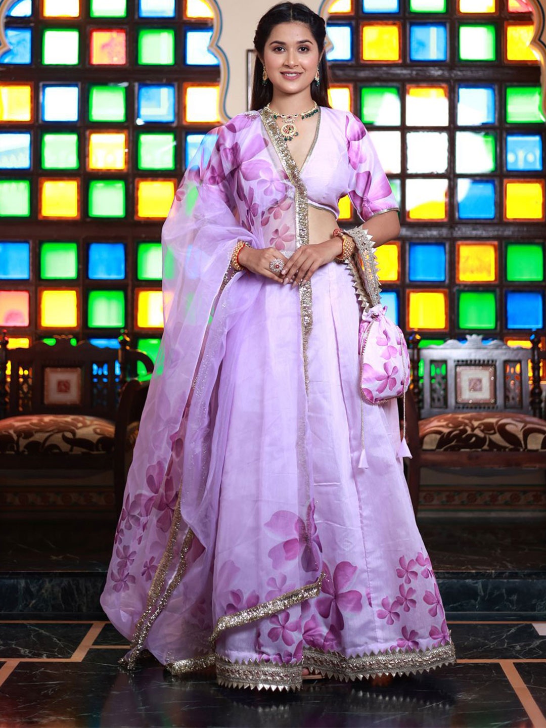 

Bannhi Printed Ready to Wear Lehenga & Blouse With Dupatta, Lavender