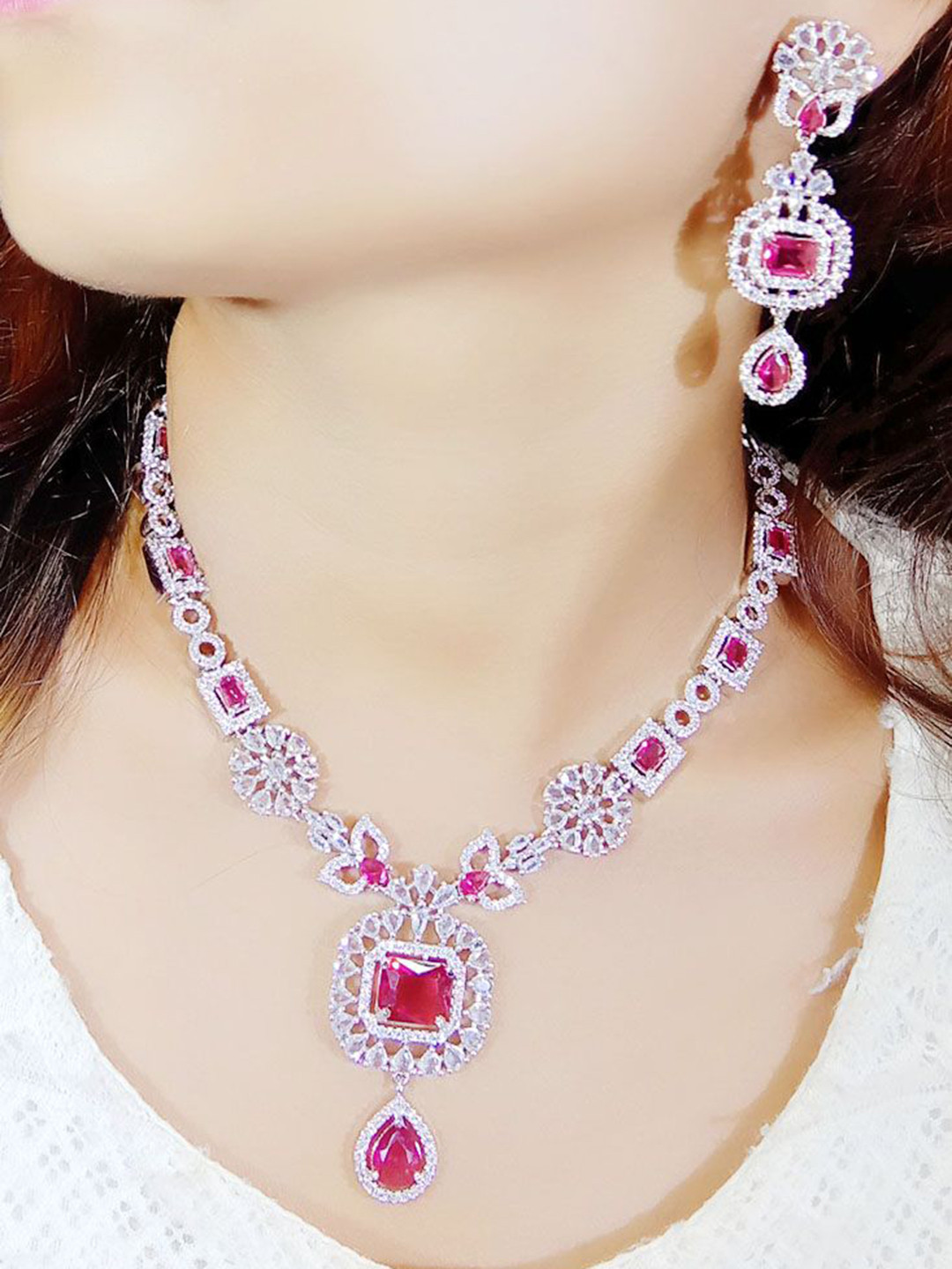 

Ladymania Silver - Plated American Diamond Elegant Jewellery Set, Red