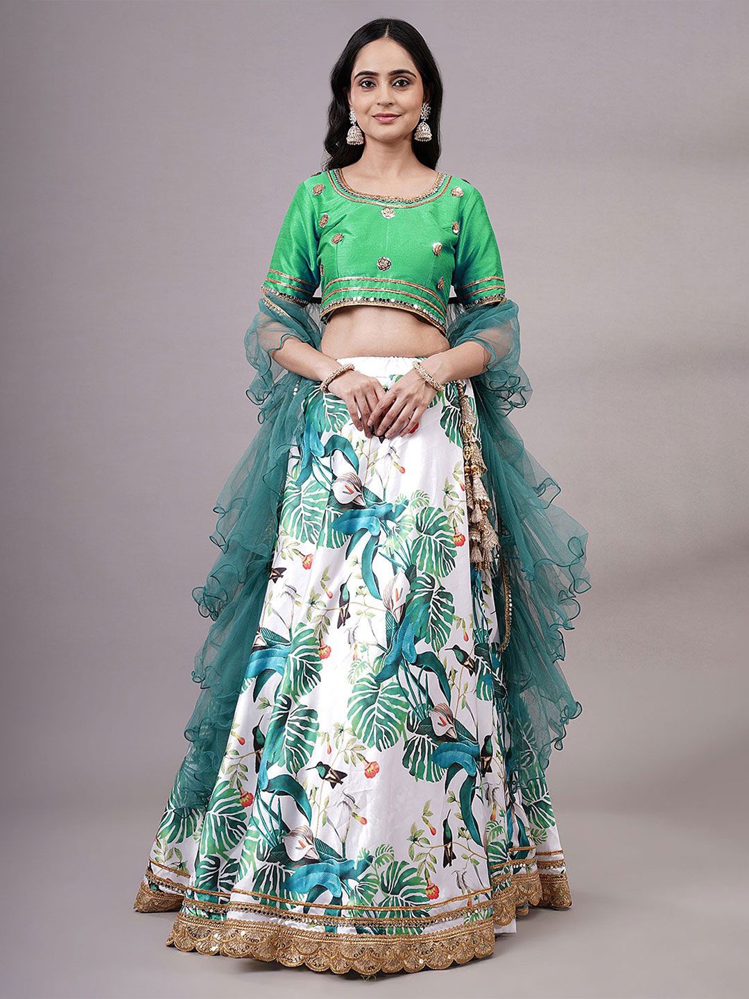 

Utsav Fashion Embroidered Mirror Work Shibori Ready to Wear Lehenga & Choli With Dupatta, White