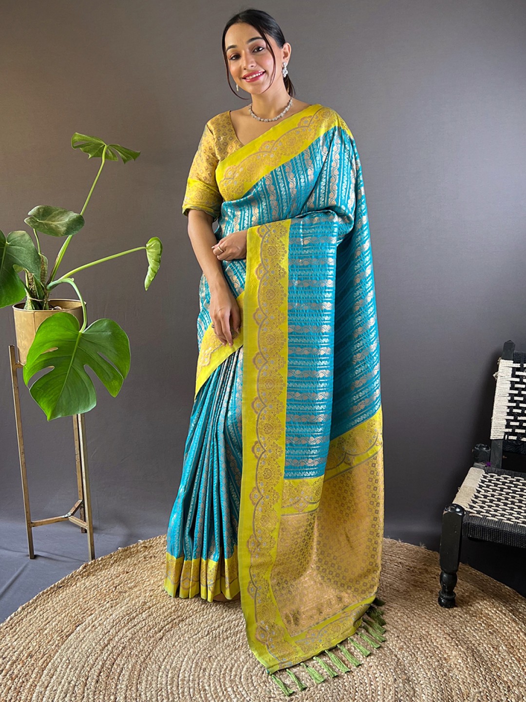 

all about you Woven Design Zari Silk Blend Banarasi Saree, Blue