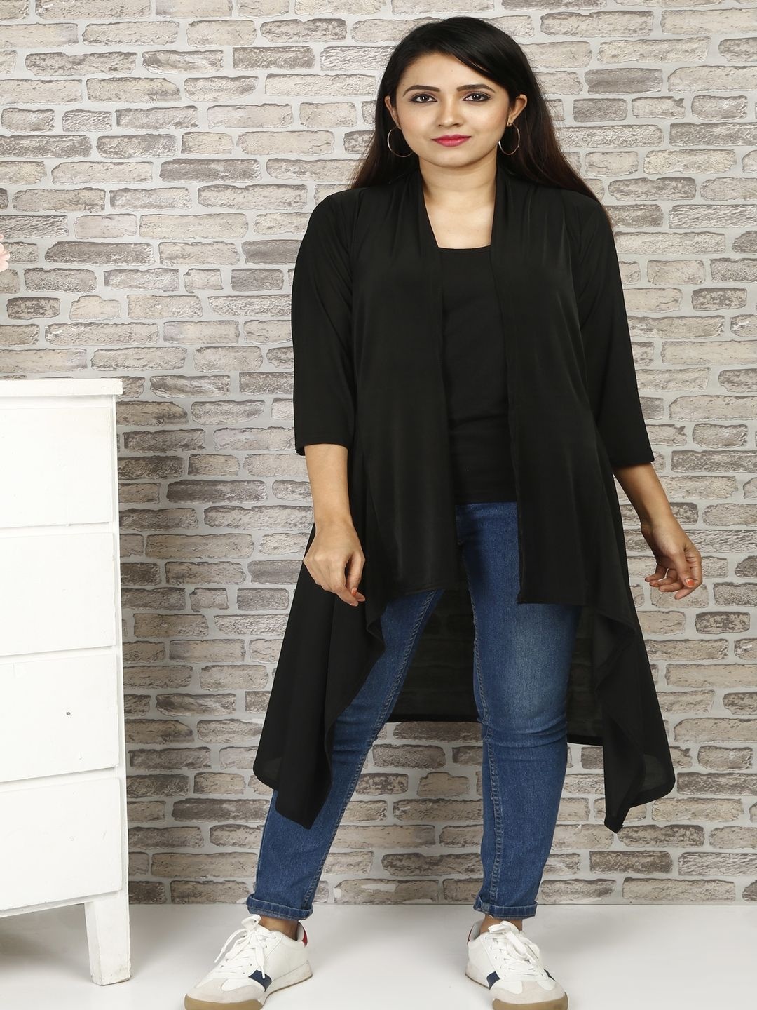 

DIMPY GARMENTS Open Front Longline Shrug, Black