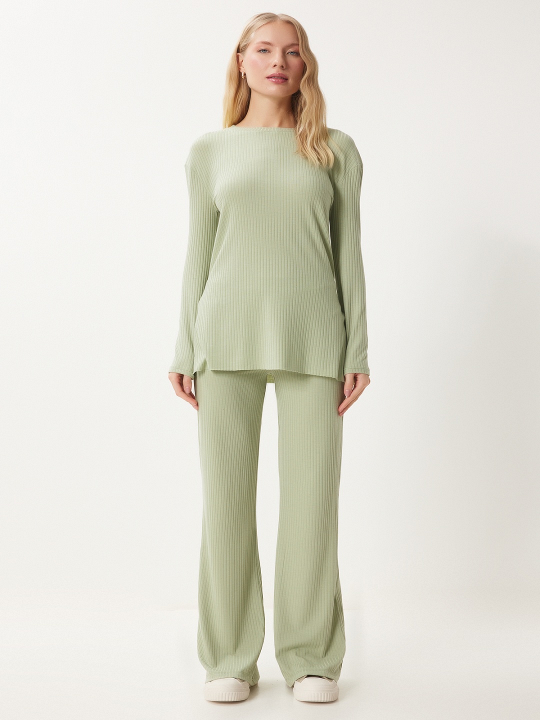 

Happiness istanbul Ribbed Long-Neck Top With Trouser Co-Ords, Green