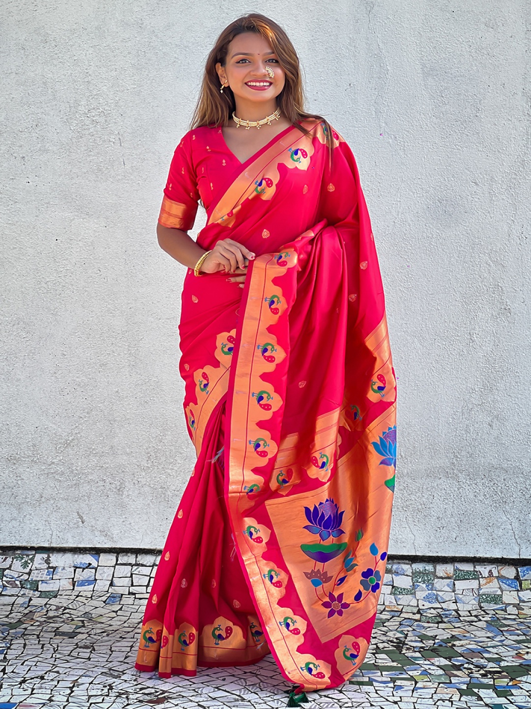 

all about you Woven Design Zari Silk Blend Paithani Saree, Pink