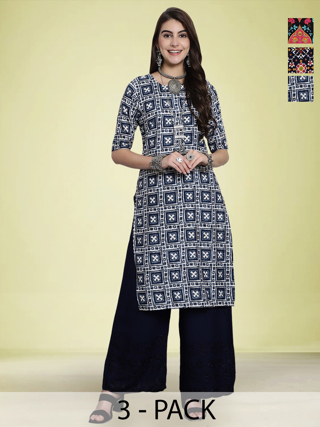 

Moda Rapido Selection Of 3 Geometric Printed Round Neck Straight Kurtas, Blue