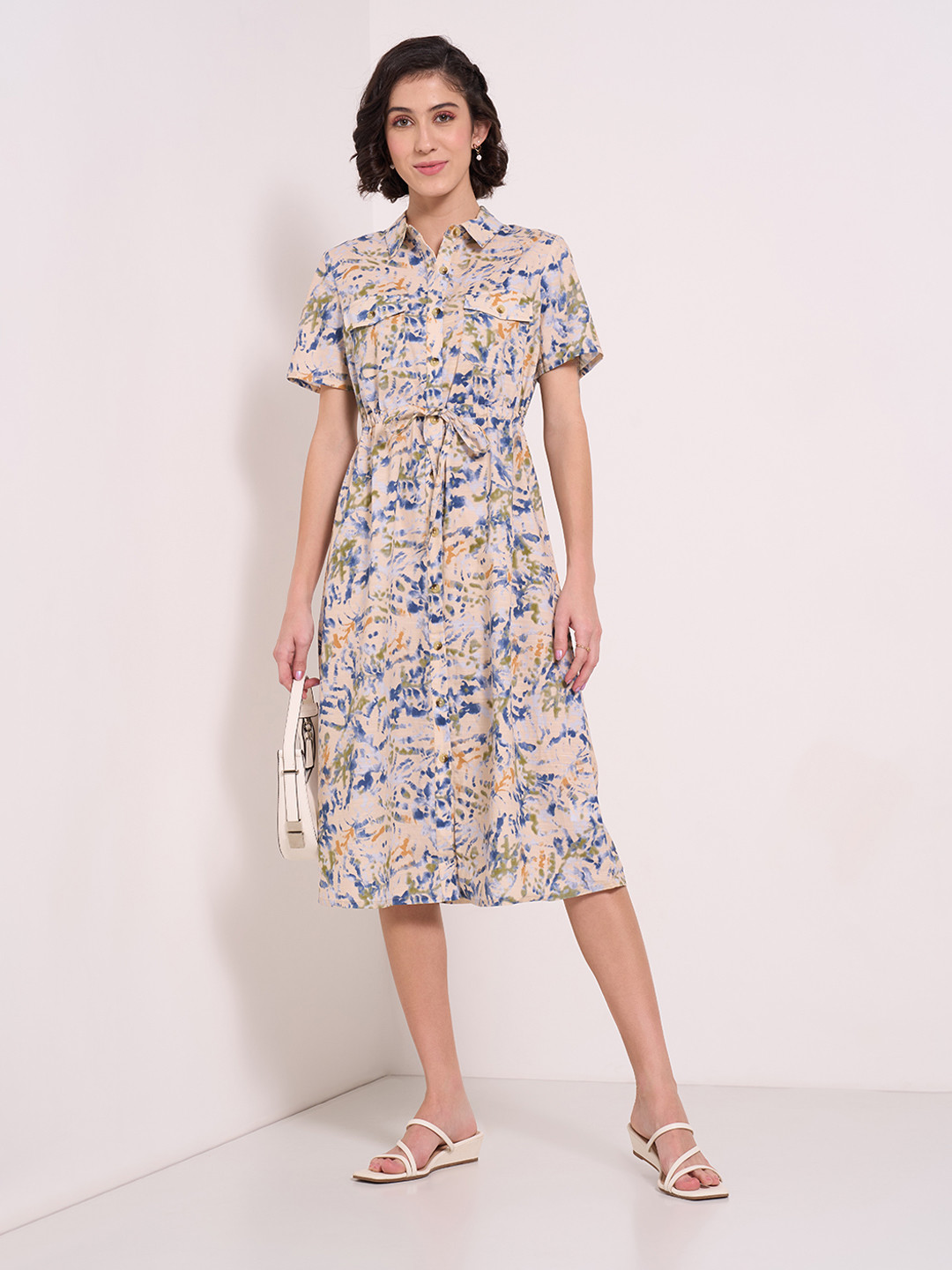 

Honey by Pantaloons Floral Print Shirt Midi Dress, Beige