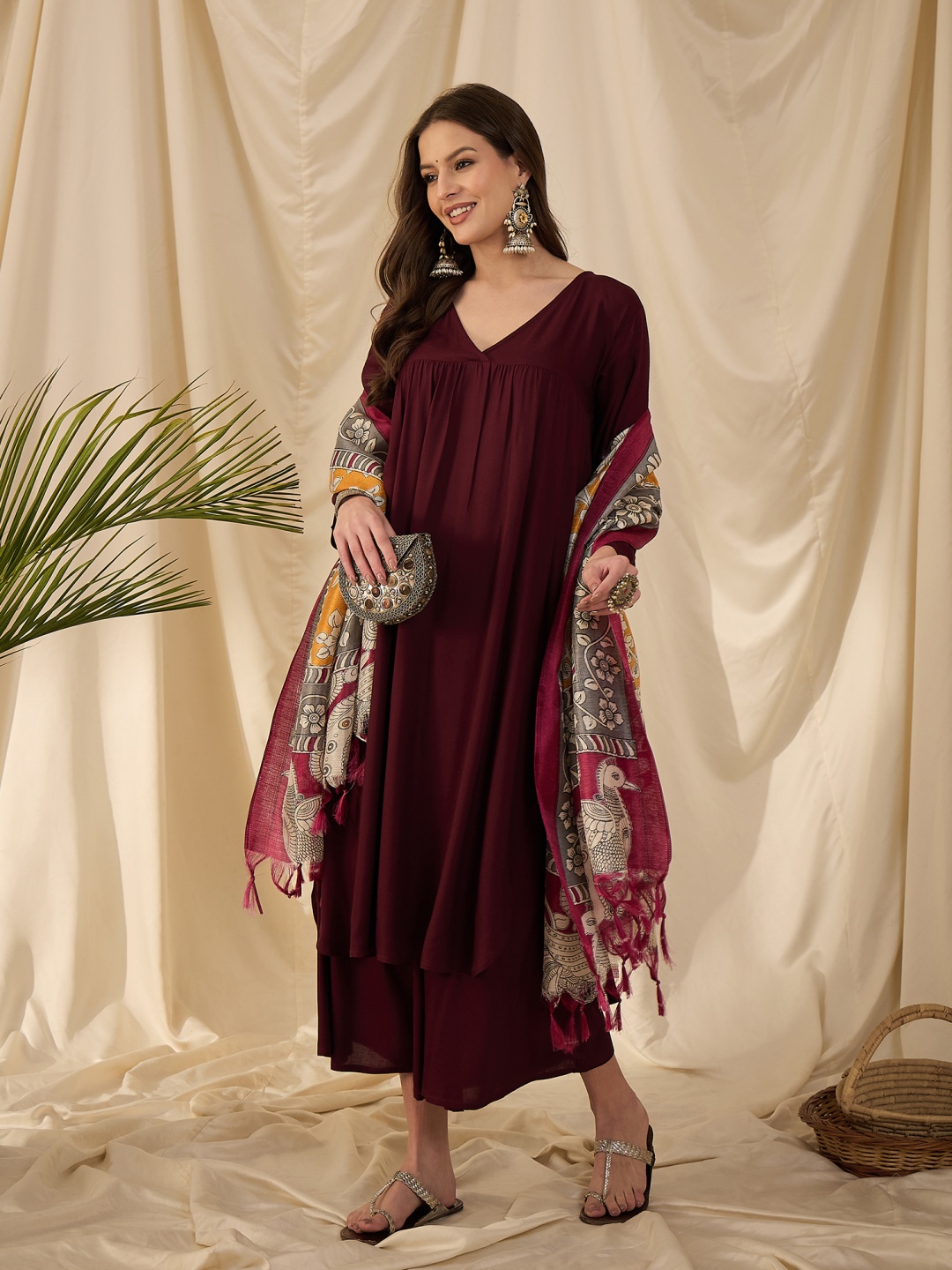 

InWeave Women Pleated Kurta with Palazzos & With Dupatta, Purple