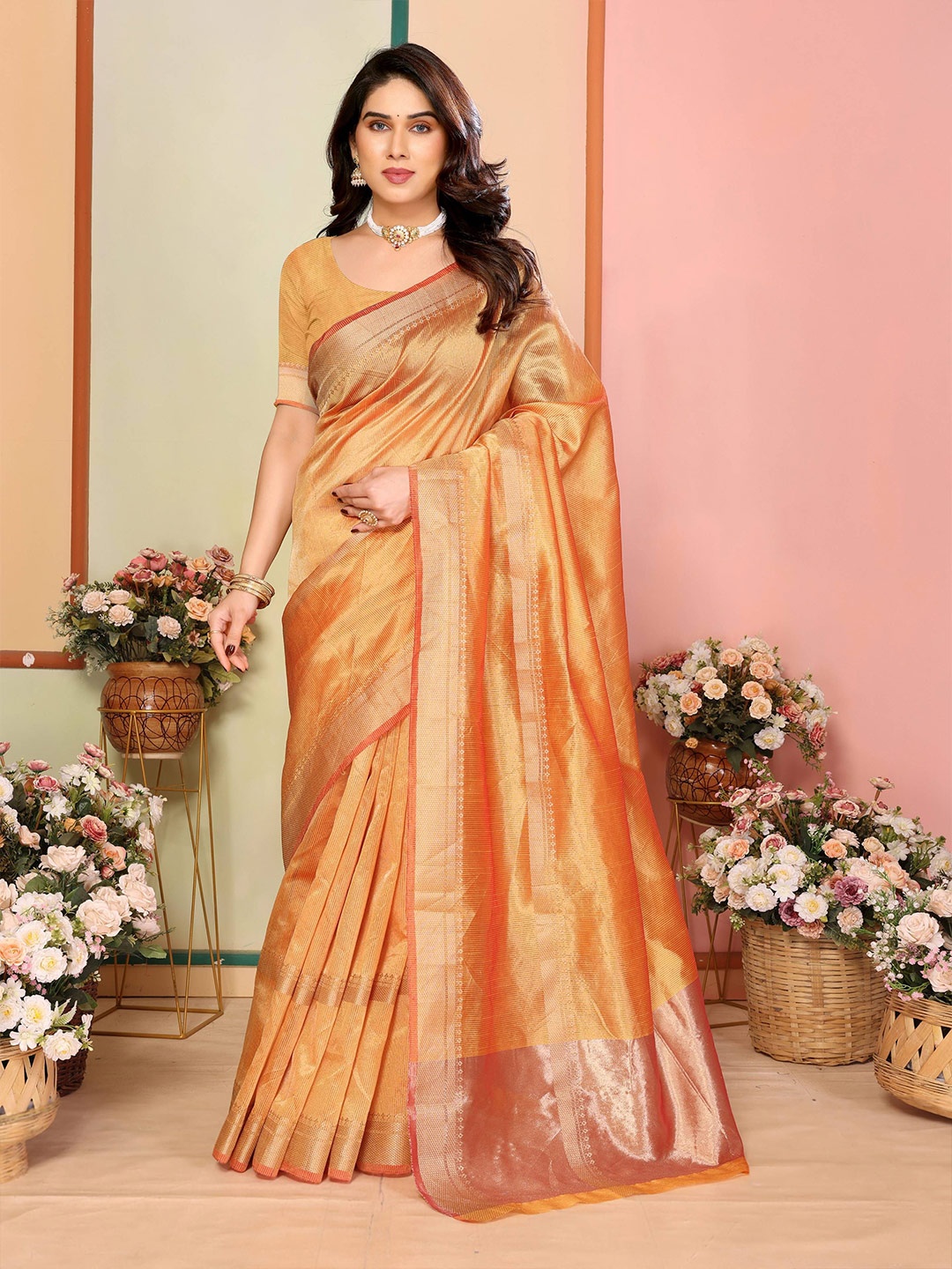 

Moda Rapido Woven Design Zari Silk Blend Kanjeevaram Saree, Gold