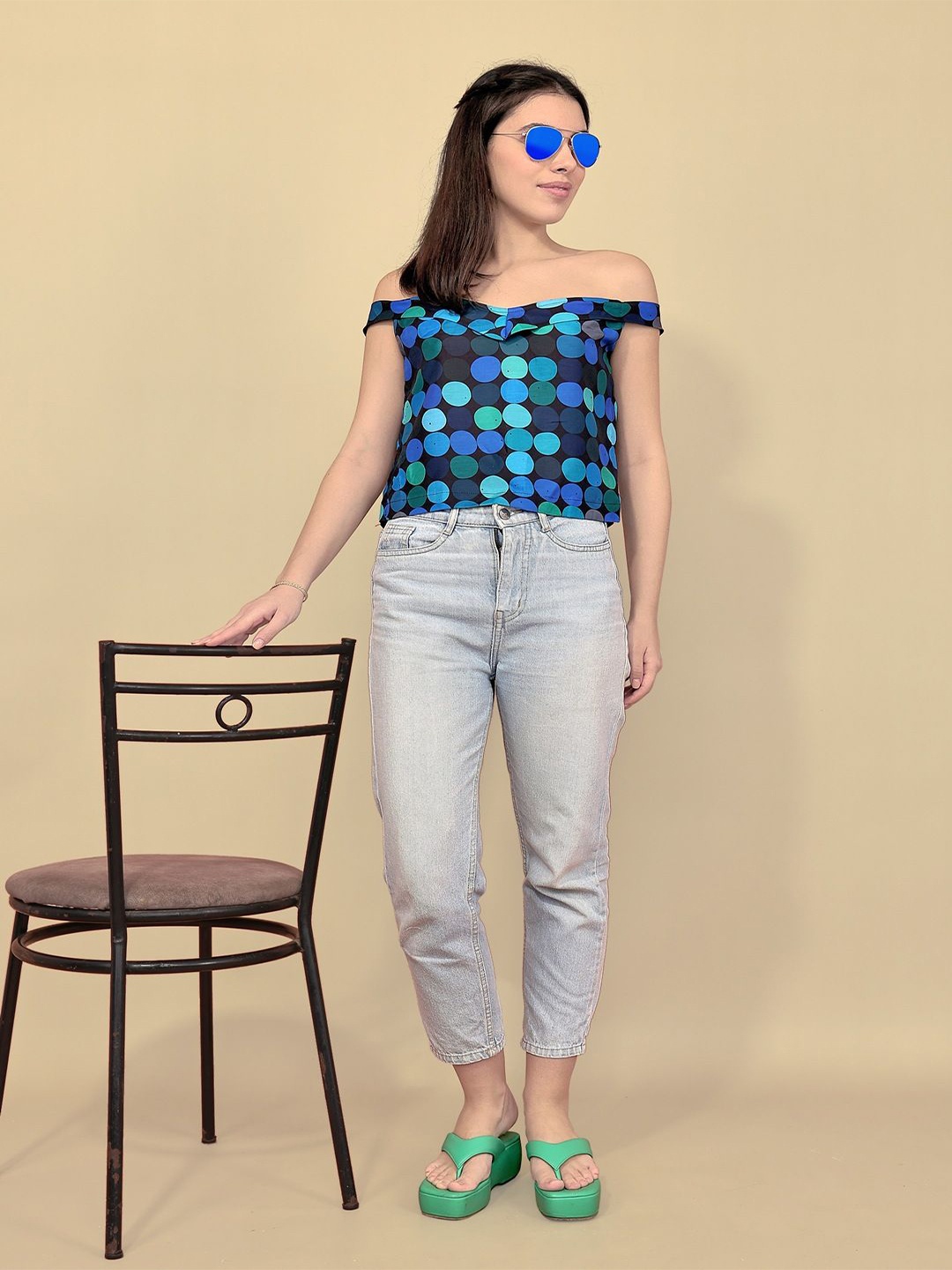 

Kaajal by Vidhi Polka Dot Off-Shoulder Cotton Bardot Top, Blue