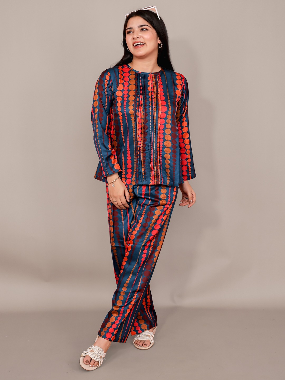 

Kaajal by Vidhi Geometric Printed Round Neck Top With Trousers, Blue