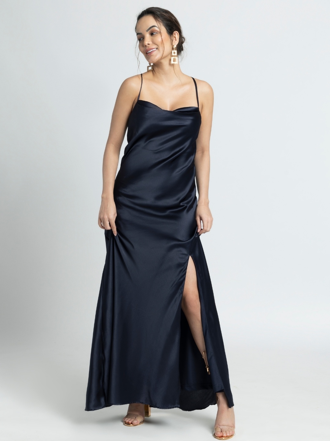 

JULO Cowl Neck Satin Maxi Dress, Navy blue