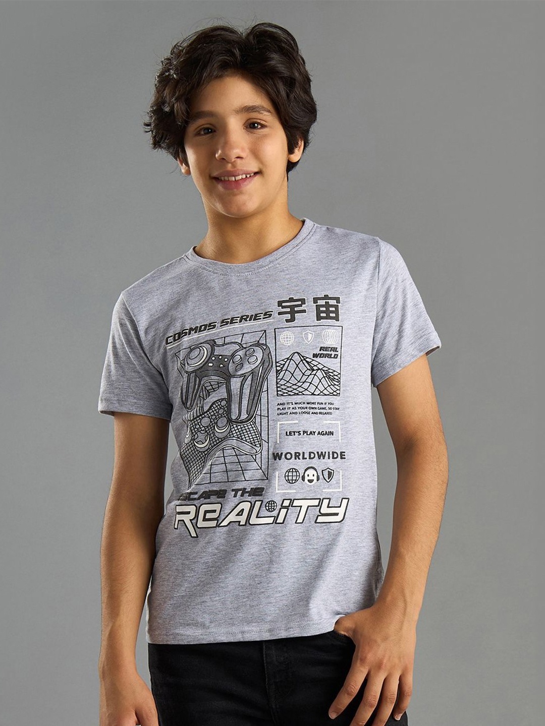 

max Boys Biker Printed Pockets T-shirt, Grey