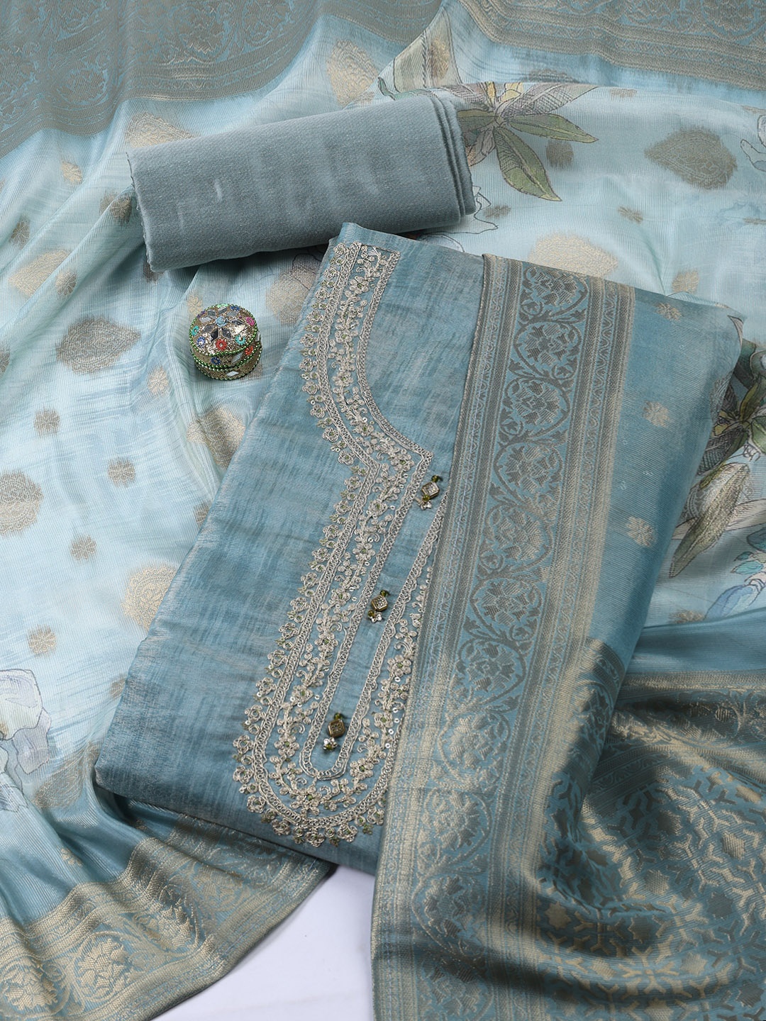 

Meena Bazaar Printed Unstitched Dress Material, Blue