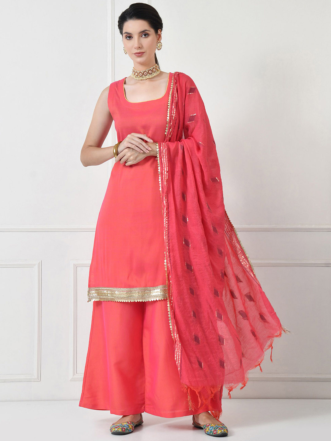 

TOLIKE Women Regular Gotta Patti Kurti with Palazzos & With Dupatta, Coral