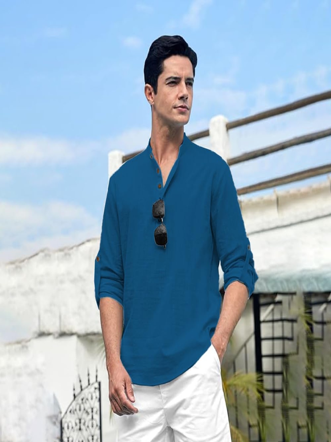 

EdinWolf Band Collar Pure Cotton Straight Kurta, Blue
