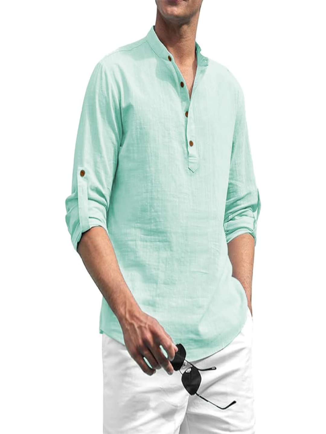 

EdinWolf Band Collar Roll-Up Sleeves Cotton Straight Kurta, Blue