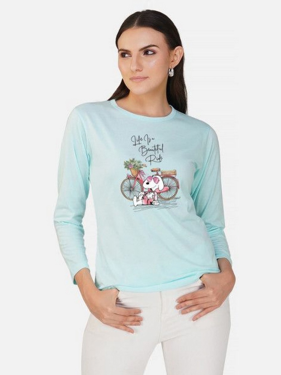 

Metronaut Women 2 Printed Bio Finish Applique T-shirt, Turquoise blue