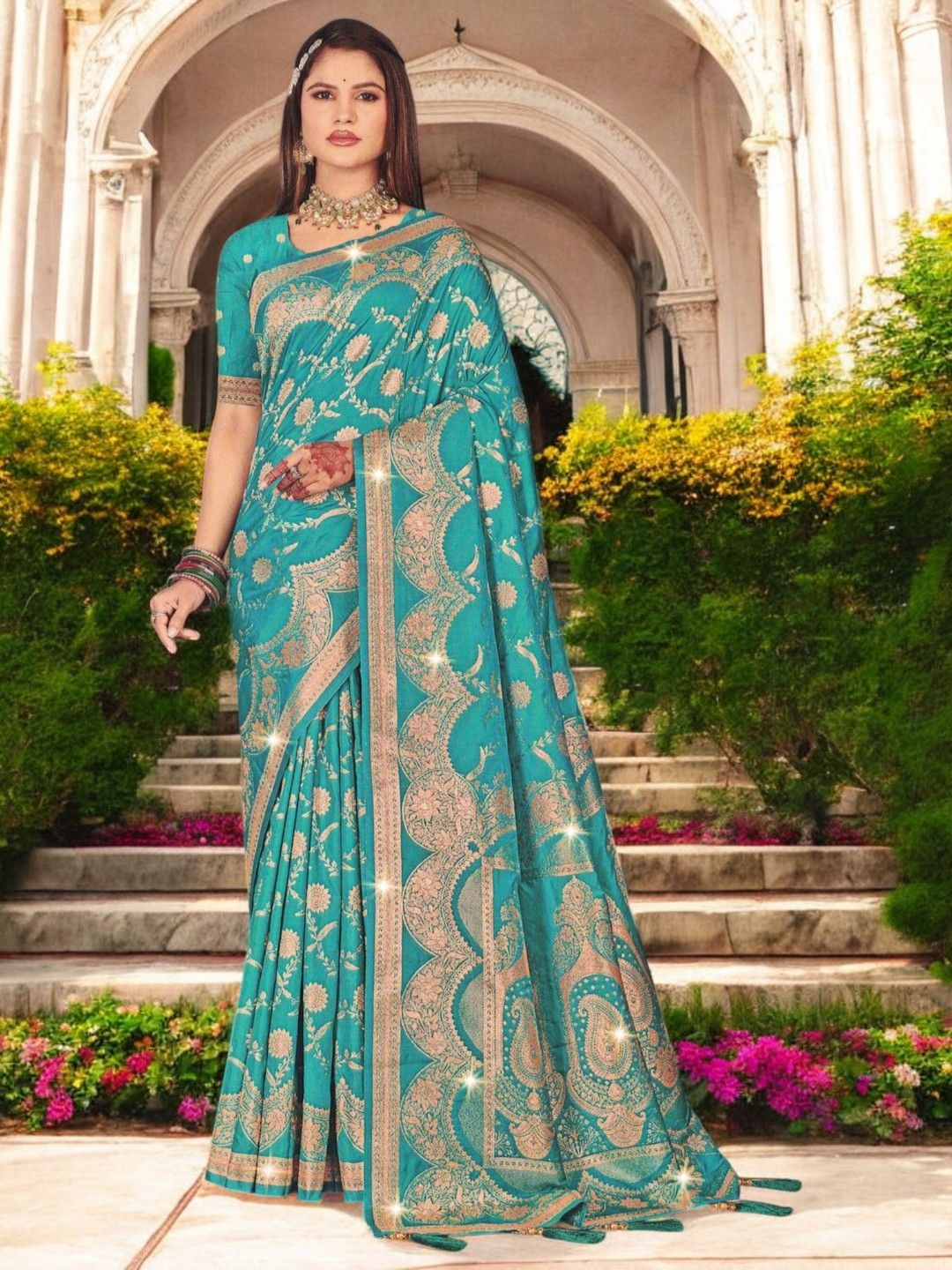 

SHOPPKEE Woven Design Zari Silk Cotton Banarasi Saree, Blue