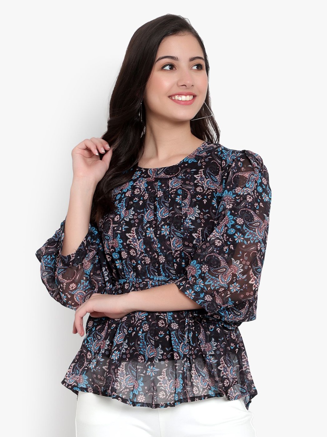 

Moda Rapido Floral Print Puff Sleeve Georgette Peplum Top, Black