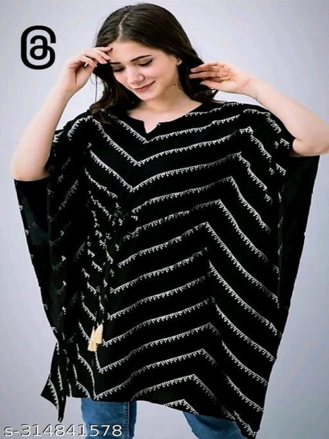 

Moda Rapido Women Printed Flared Sleeves Thread Work Kaftan Kurta, Black