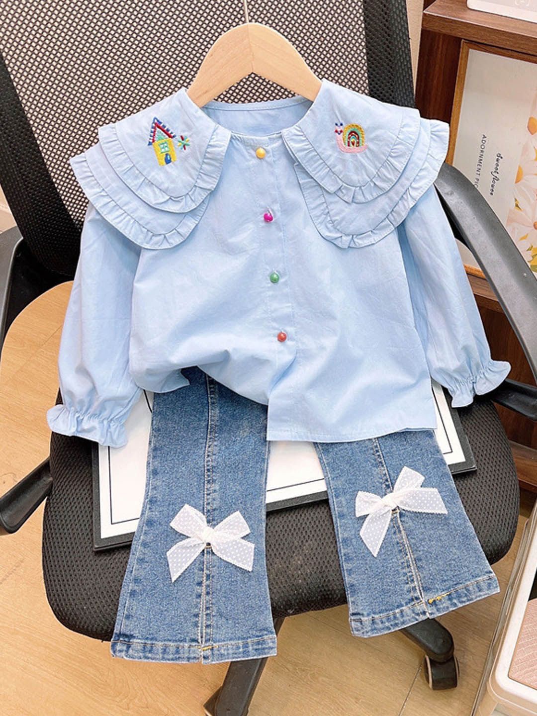 

Xsole Girls Embroidered Round Neck Top With Trousers, Blue