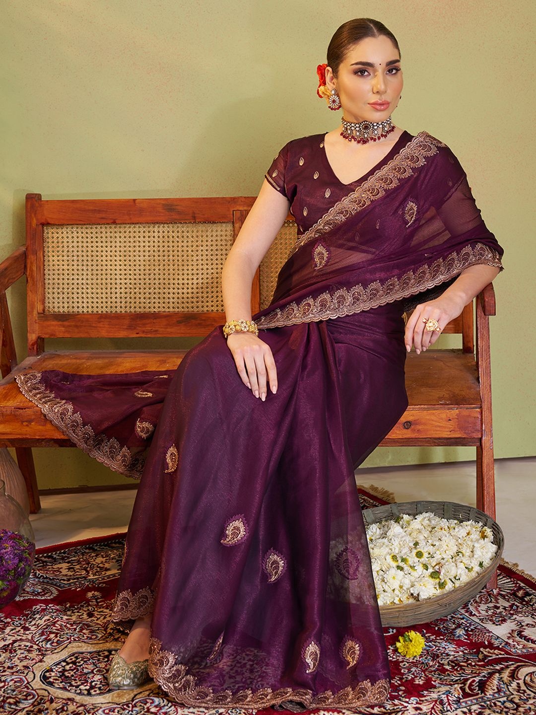 

Mitera Ethnic Motifs Embroidered Pure Chiffon Saree, Purple